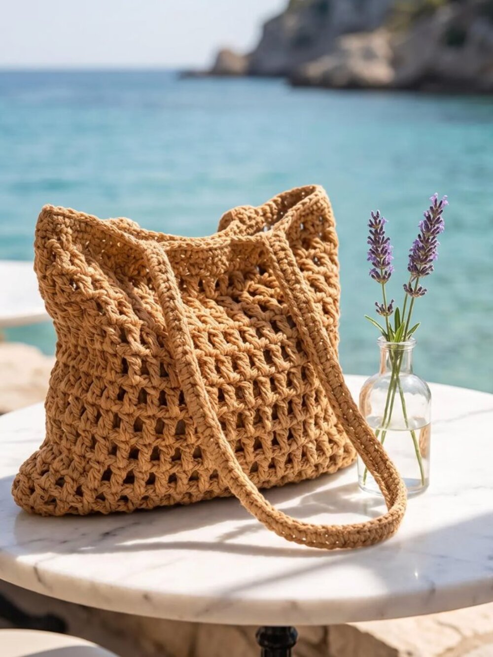 Beach Tote Bag with Woven Crochet Style, Boho Summer Handbag Vacation NWT